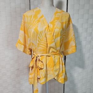 Worthington Yellow Leaf Pattern Wrap Blouse